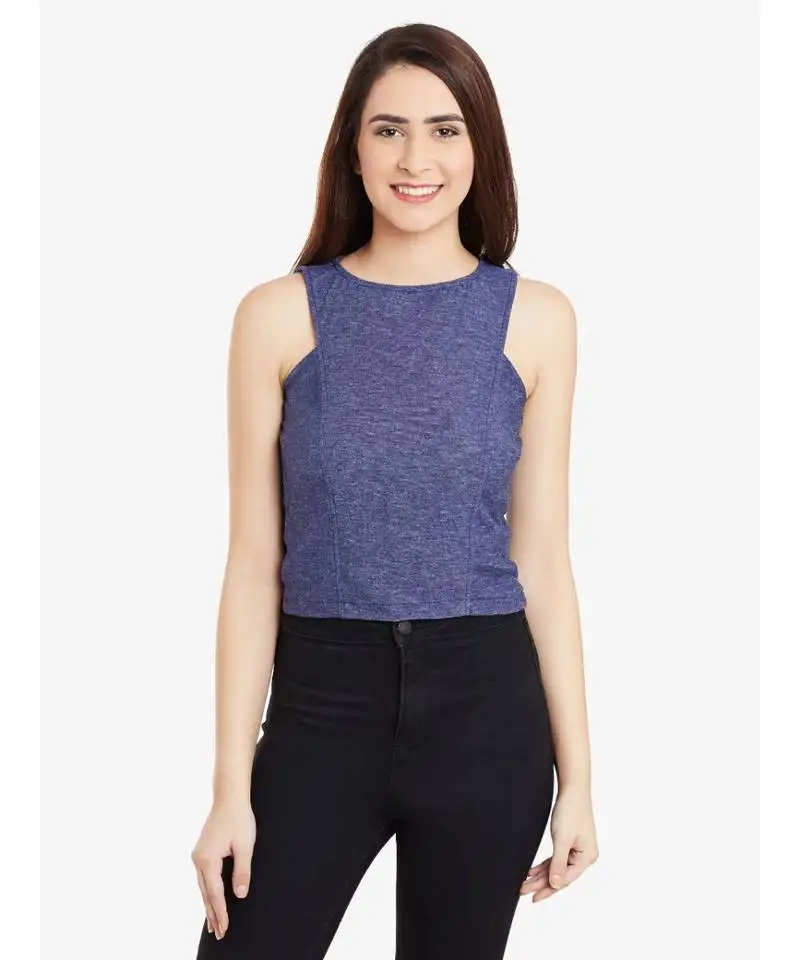 Women's blue sleeveless boat neck solid crop top