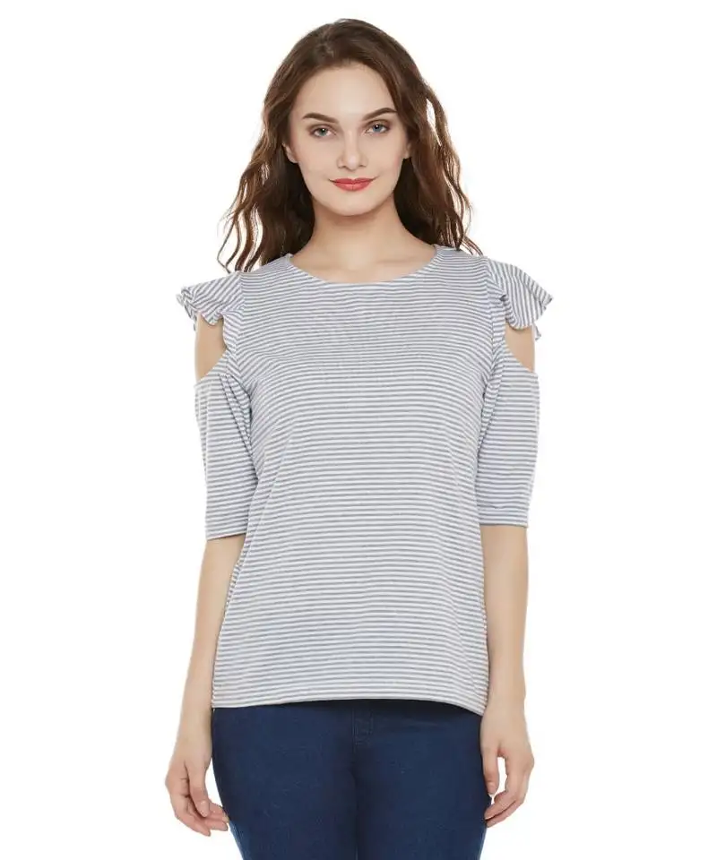 Women's grey and white striped round neck half-sleeve ruffled cold shoulder top