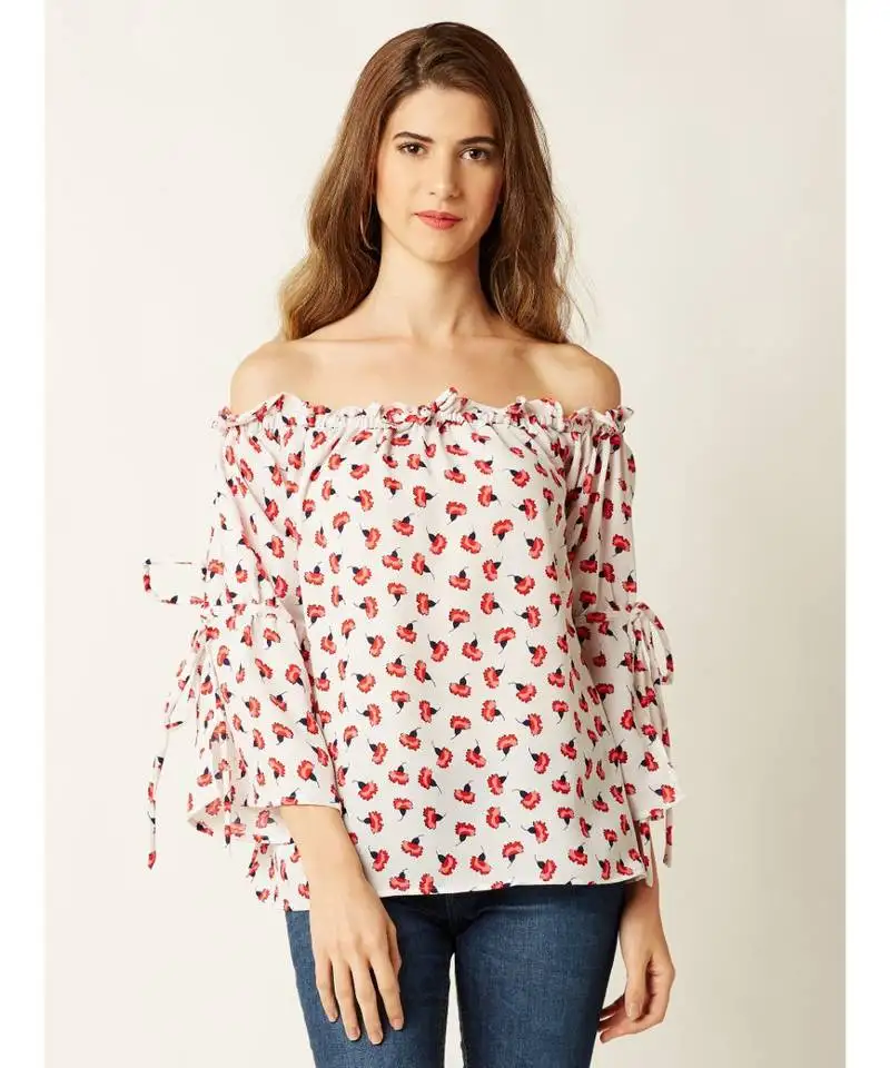Women's multicolored gathered printed off-shoulder quarterSleeve printed boxy bardot top