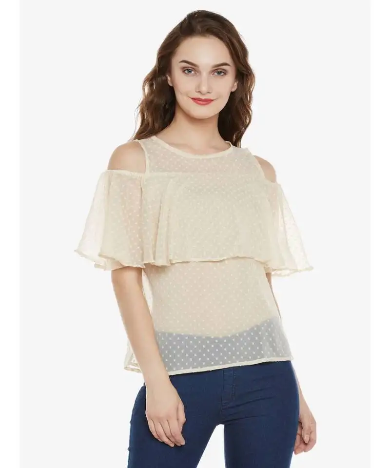 Women's beige round neck sleeveless solid ruffled cold shoulder top