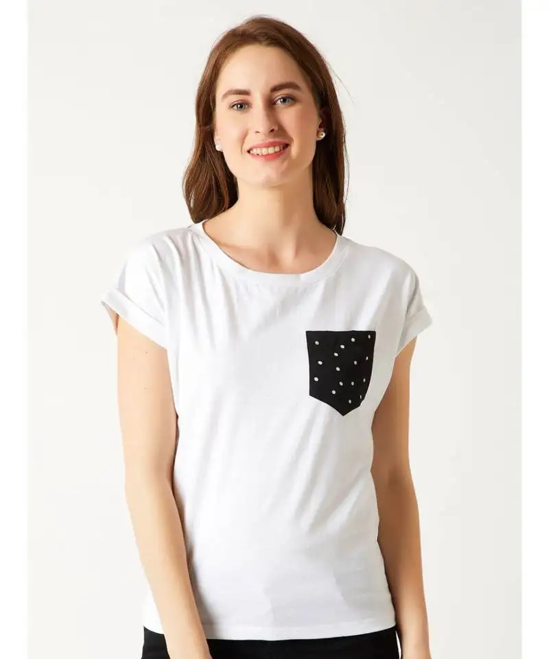 Women's white round neck shortSleeve cotton solid polka dot patch pocket t-shirt
