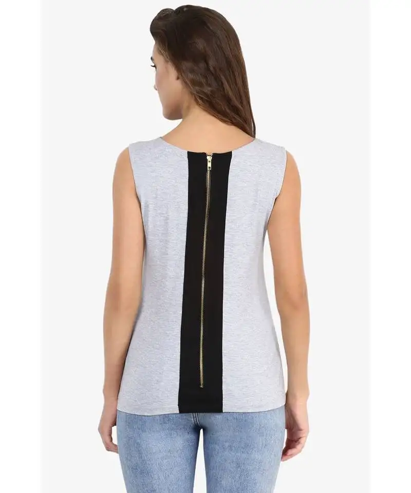 Women's grey and black round neck sleeveless solid basic top