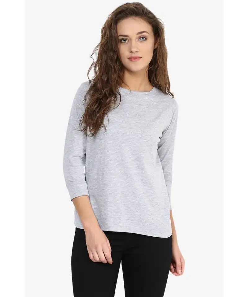 Women's grey & blue three quarter sleeve round neck solid top