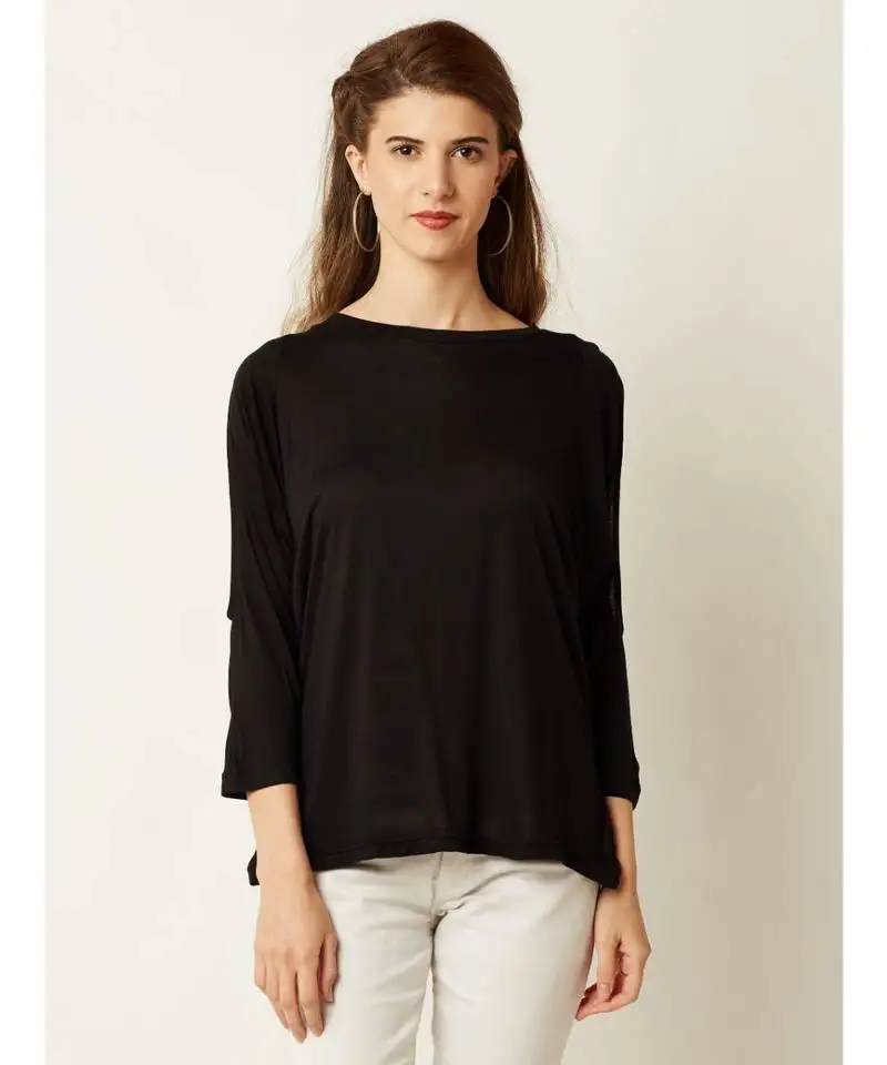 Women's black round neck quarterSleeve solid cut out top