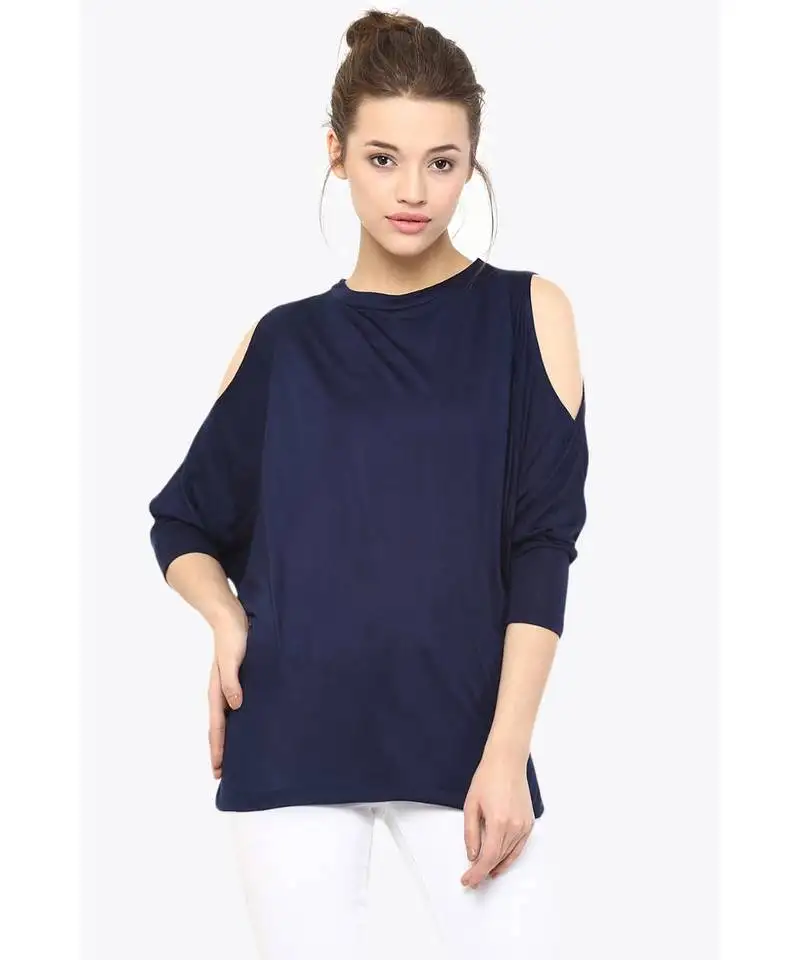 Women's blue round neck quarterSleeves solid shoulder cut-out top