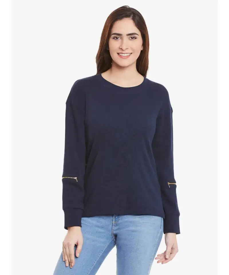 Women's blue solid round neck quarterSleeve regular length top