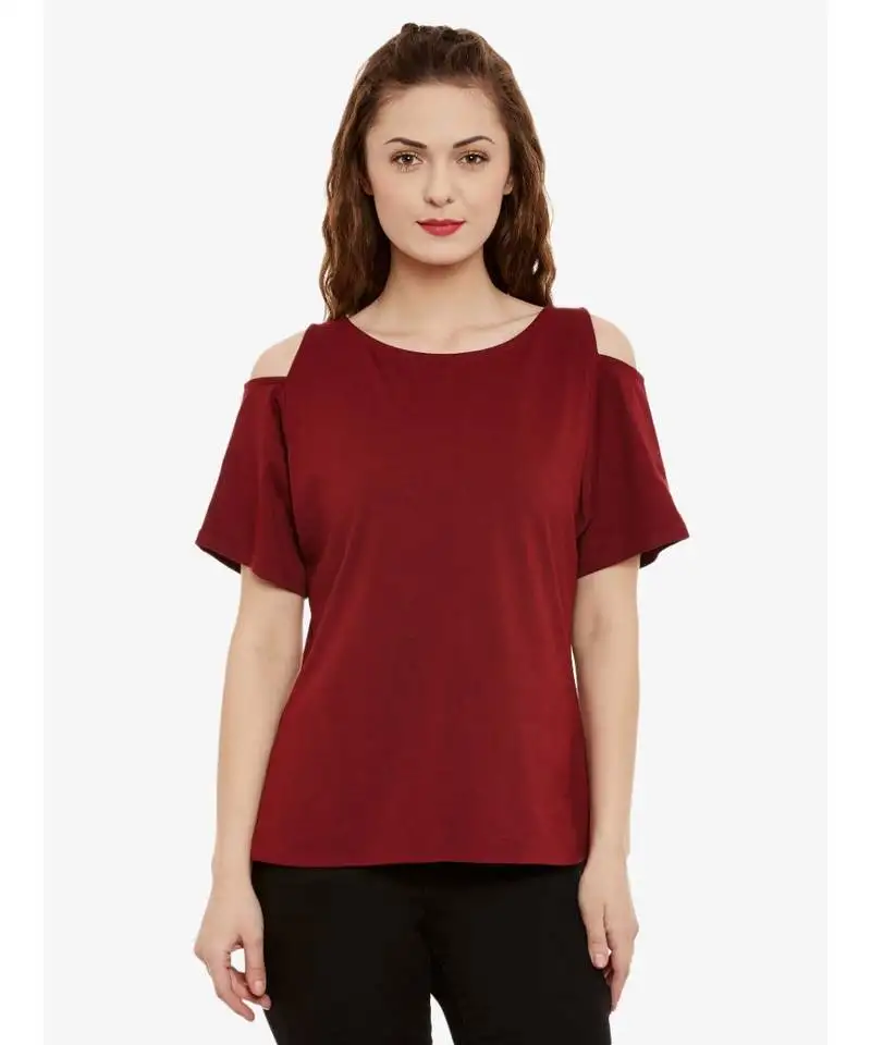 Women's maroon round neck halfSleeve solid cut out top