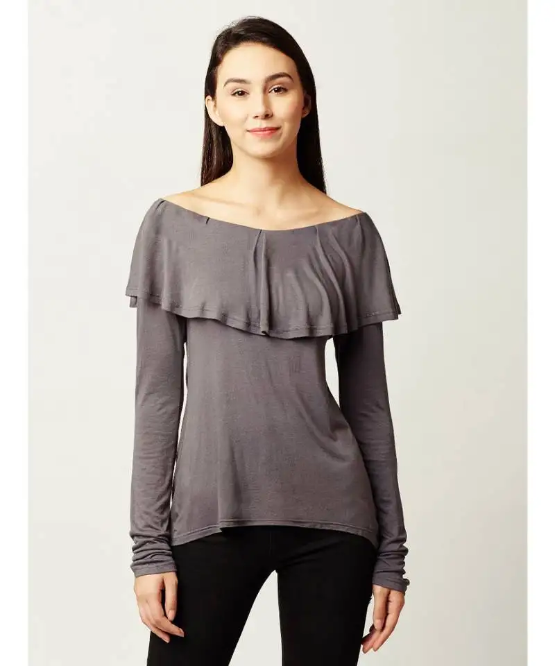 Women's grey boat neck fullSleeves solid ruffled top