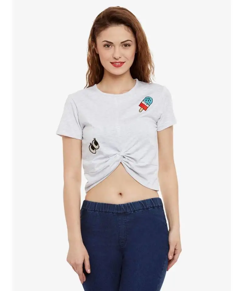 Women's light grey solid round neck halfSleeves crop top