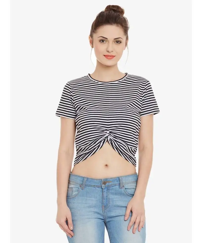 Women's black & white solid round neck halfSleeves crop top