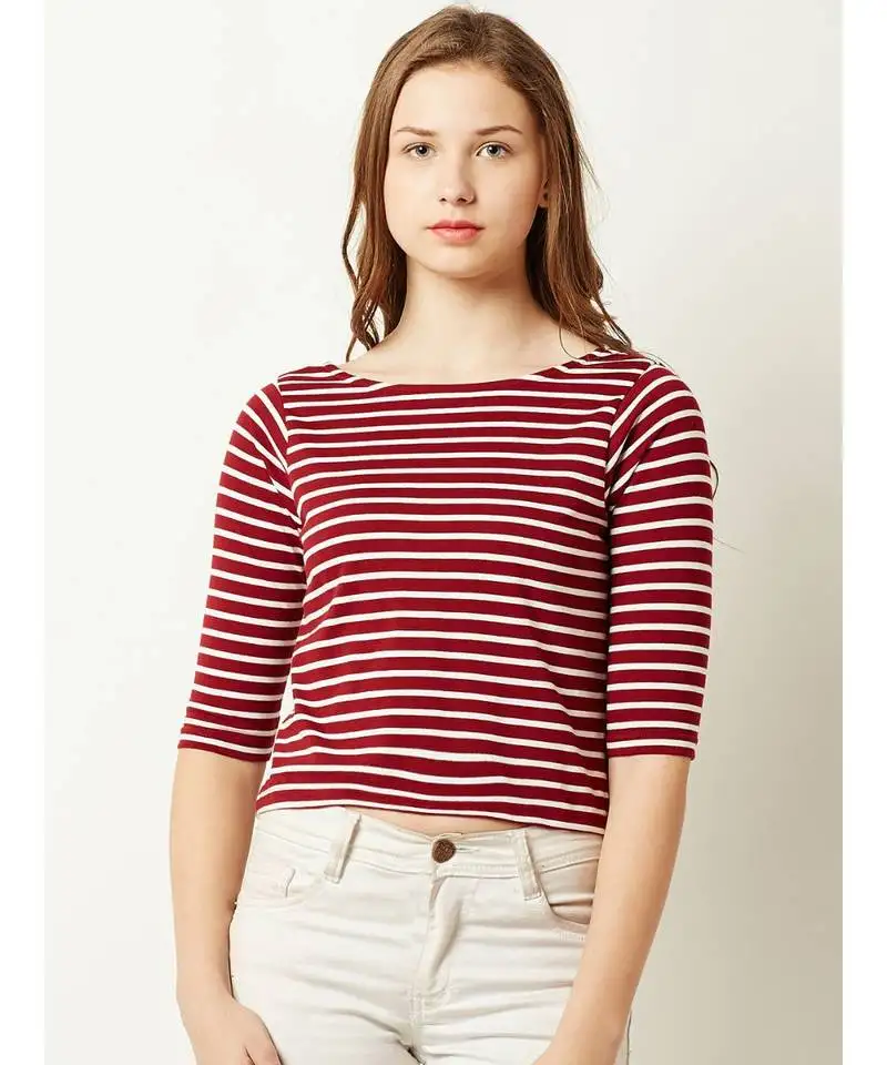 Women's maroon and white cotton boat neck halfSleeve striped crop top