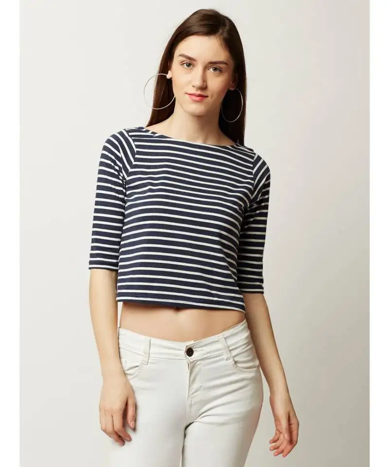 Women's blue and white boat neck halfSleeve striped back buttoned crop top