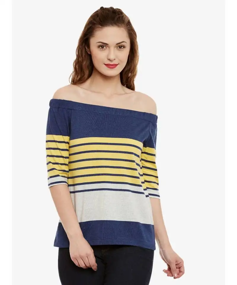 Women's multicolor striped bardot quarterSleeve off shoulder top