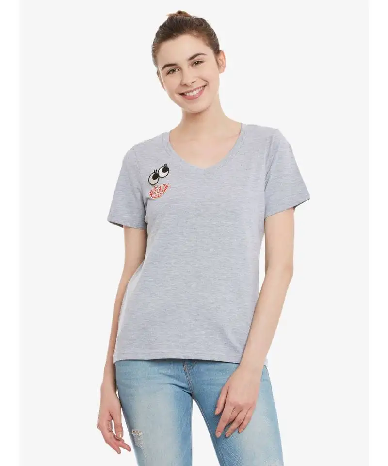 Women's grey solid round neck halfSleeves top