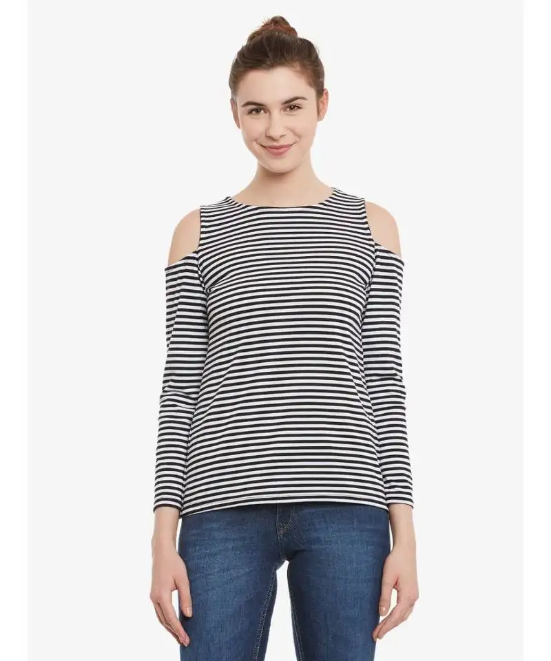 Women's black & white solid round neck fullSleeves cold shoulder top