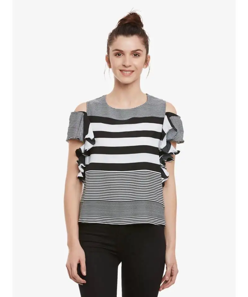 Women's black & white round neck halfSleeves striped ruffled cold shoulder top