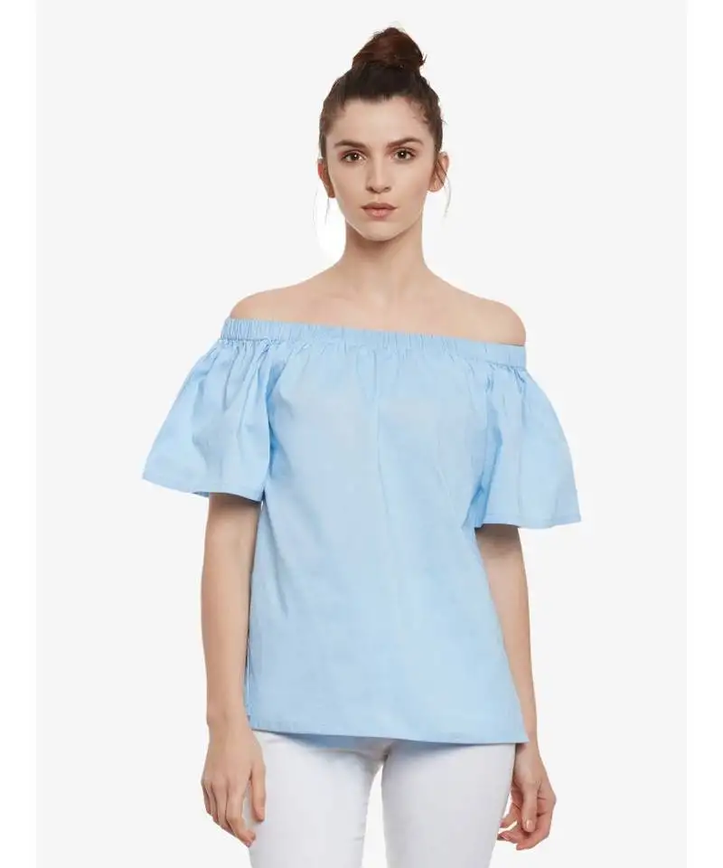Women's light blue off shoulder halfSleeves solid top