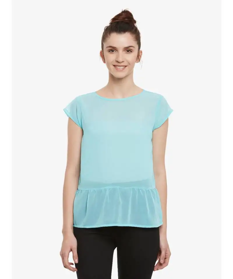 Women's mint solid round neck cap sleeved sheer ruffled top