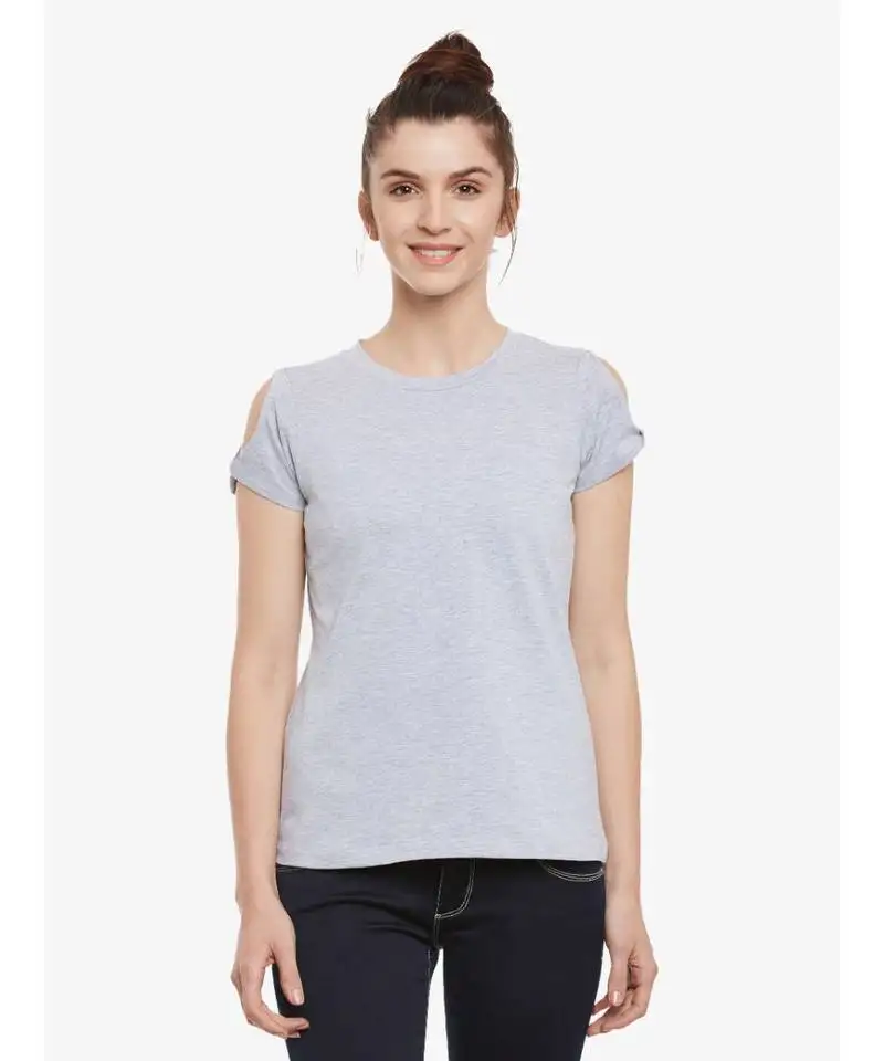 Women's grey solid round neck shortSleeve top