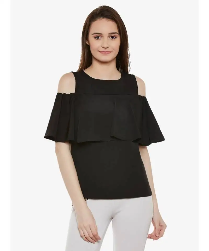 Women's black round neck sleeveless solid ruffled cold shoulder top