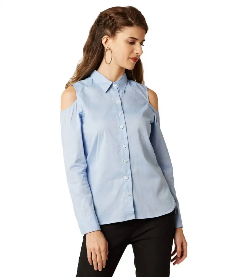 Women's light blue round neck fullSleeve solid collared cold shoulder top