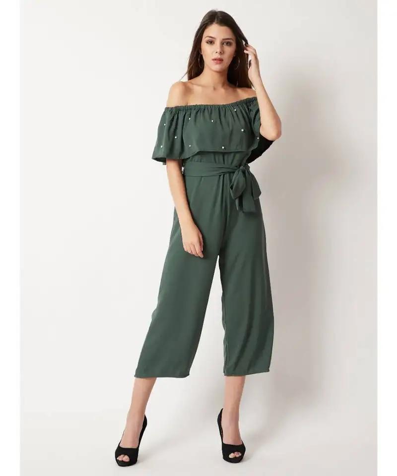 Women's green off-shoulder sleeveless solid pearl detailing belted midi bardot style jumpsuit