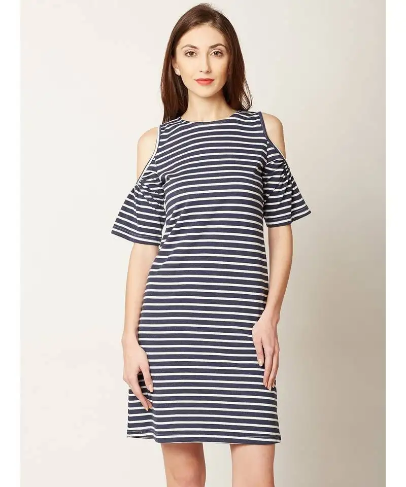 Women's navy blue and white round neck half sleeve striped mini cold shoulder dress