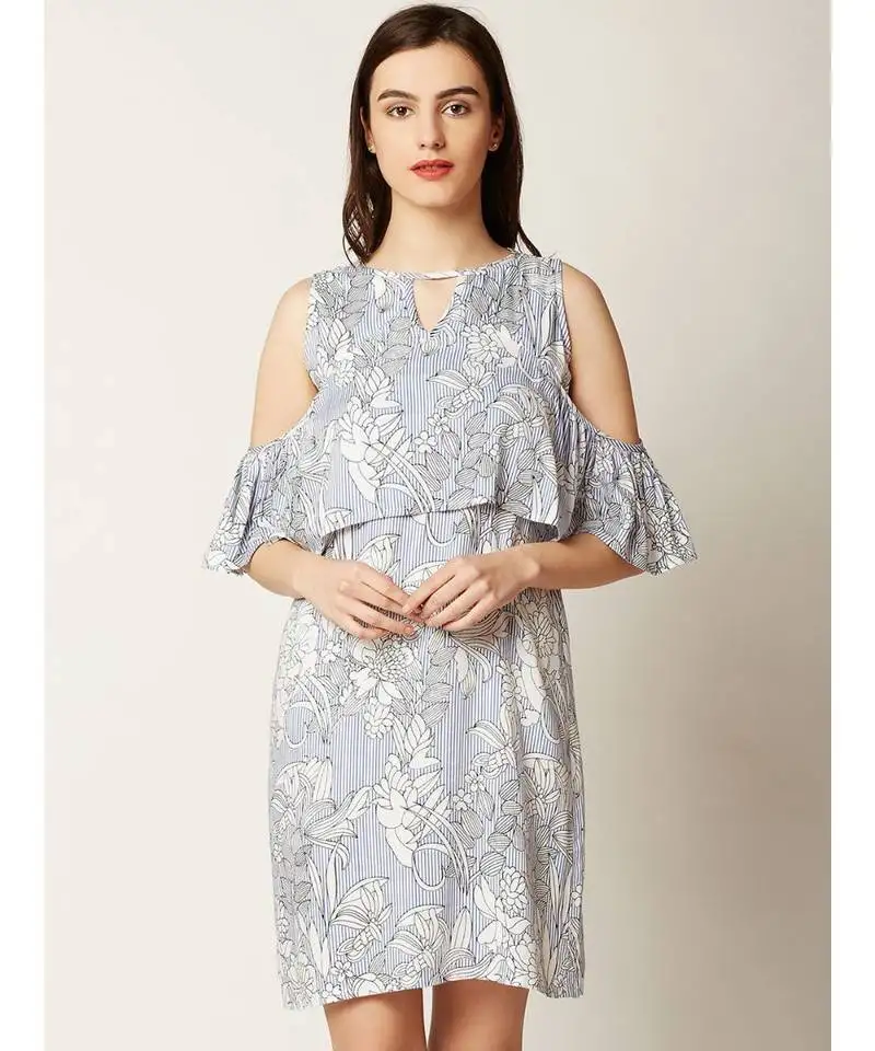 Women's multicolored round neck half sleeve printed ruffled paneled mini cold shoulder dress