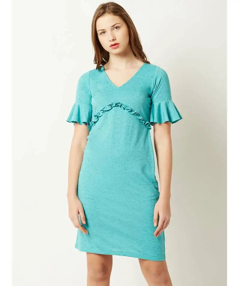 Women's turquoise blue v-neck short sleeve solid ruffled gathered paneled mini dress