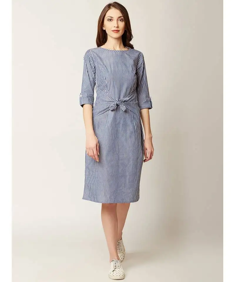 Women's blue and white round neck 3::4 sleeve striped tie-up midi shift dress