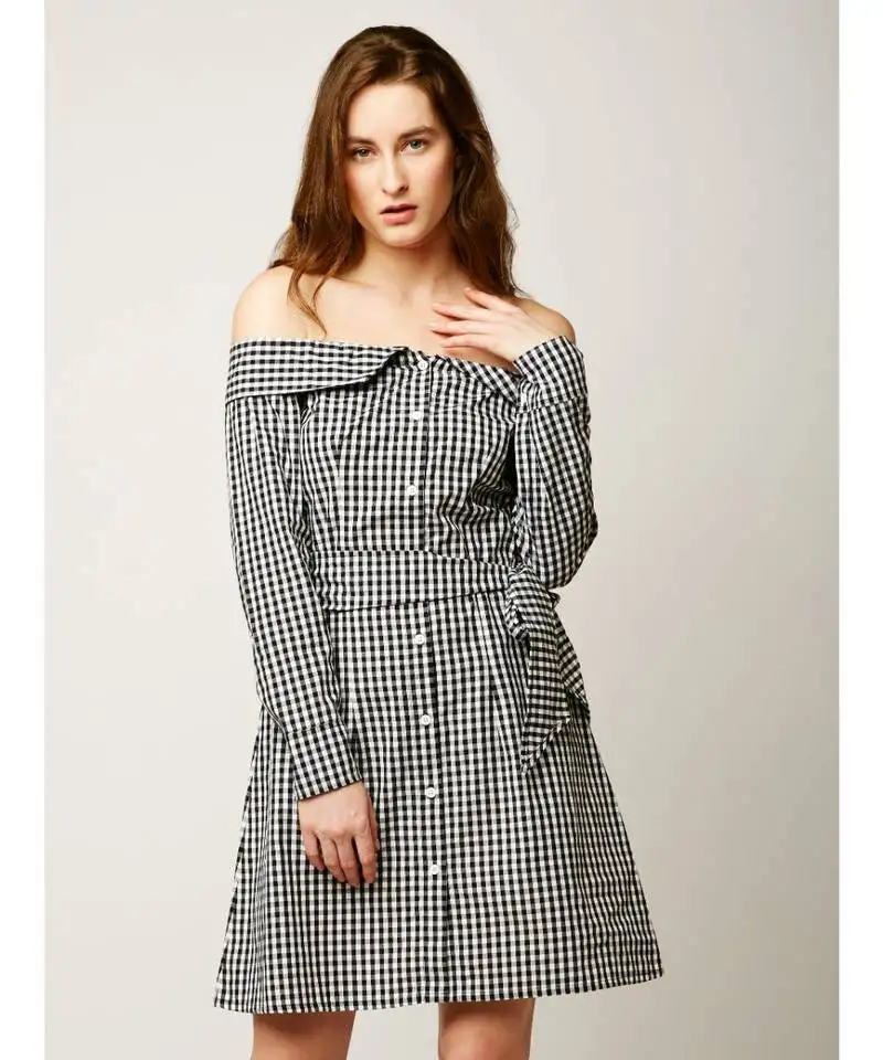 Women's black and white bardot neck fullSleeve cotton checkered mini a-line belted shirt dress
