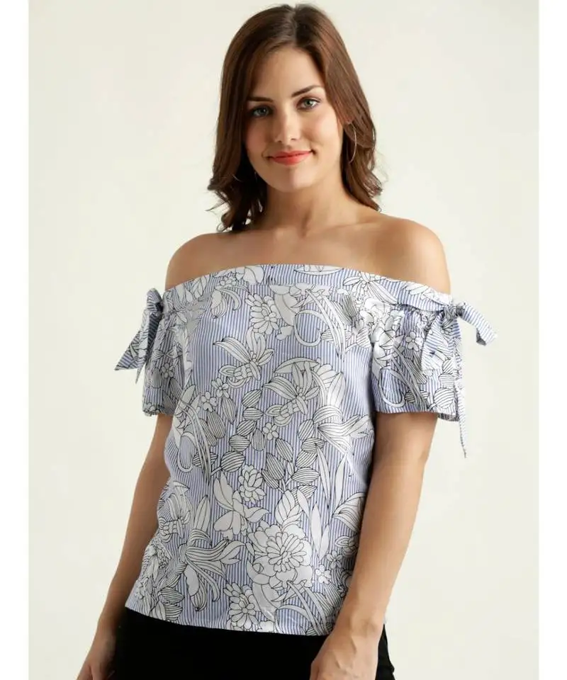 Women's blue and white off-shoulder shortSleeve striped and floral print bardot top