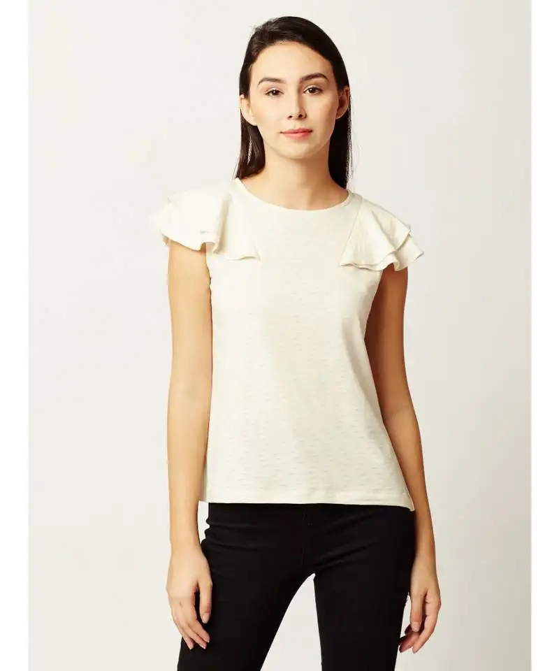 Women's off-white round neck sleeveless solid cotton ruffled textured top