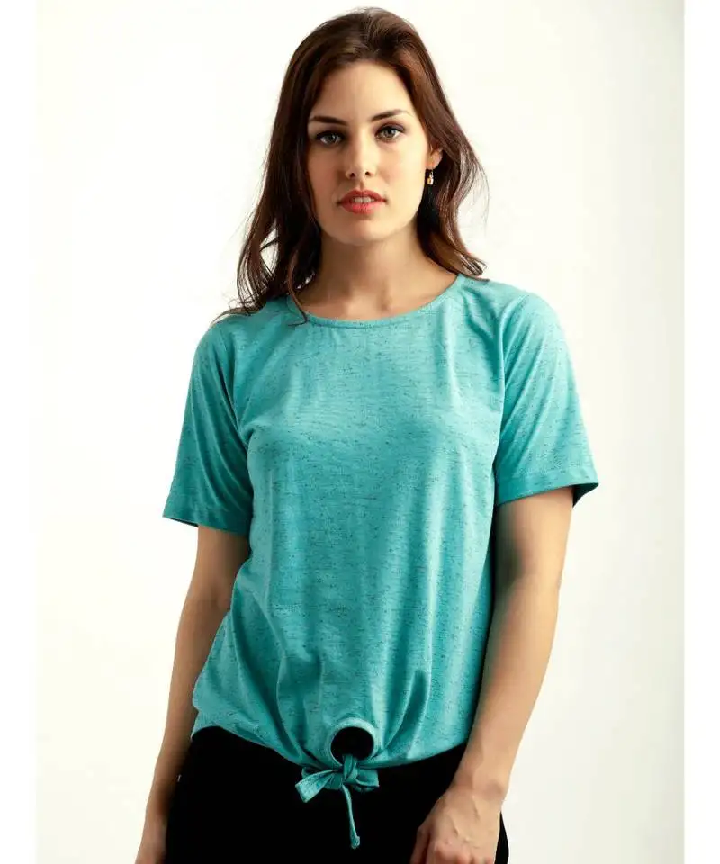 Women's turquoise blue round neck halfSleeve solid knotted textured top