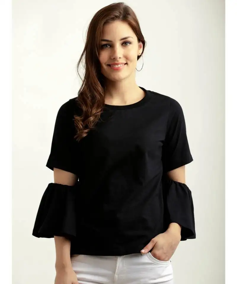 Women's black round neck flared quarterSleeve cotton solid gathered cut out detail top
