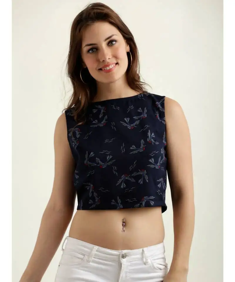 Women's multicolored round neck sleeveless printed crop top