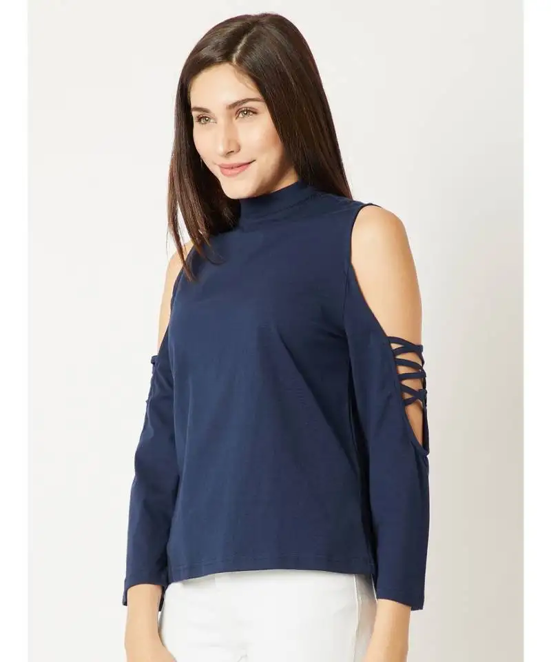 Women's blue high round neck criss cross fullSleeve cotton solid cold shoulder top
