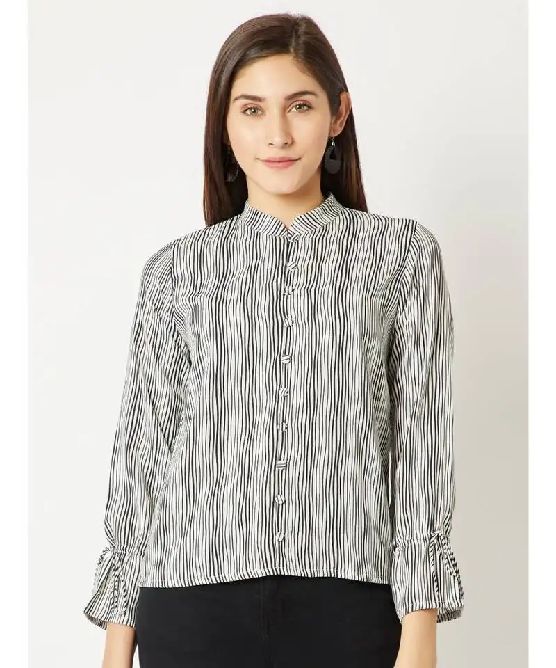 Women's multicolored round neck fullSleeve striped tie-up buttoned chinese collared top