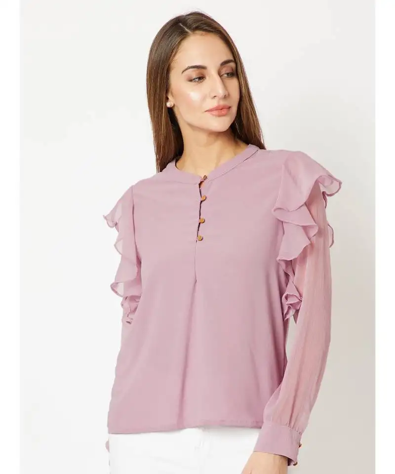 Women's purple round neck frilled fullSleeve solid ruffled cuffed top