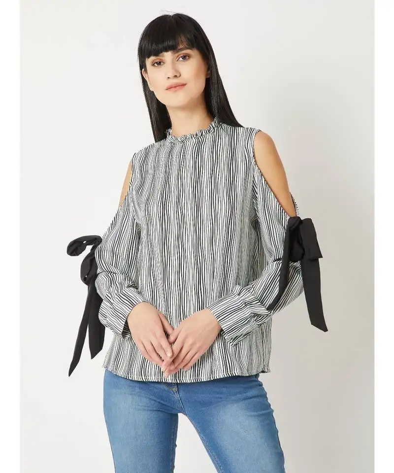 Women's black and white round neck fullSleeve striped tie-up pleated cold shoulder top