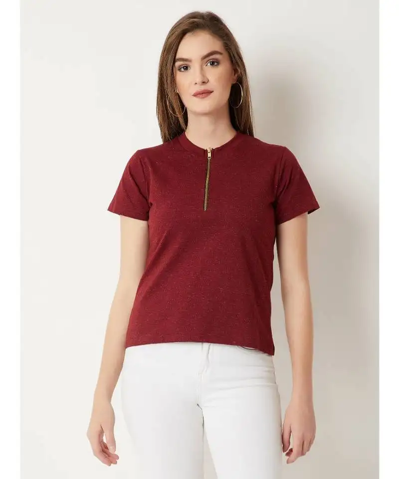 Women's maroon round neck halfSleeve cotton solid zippered high neck top