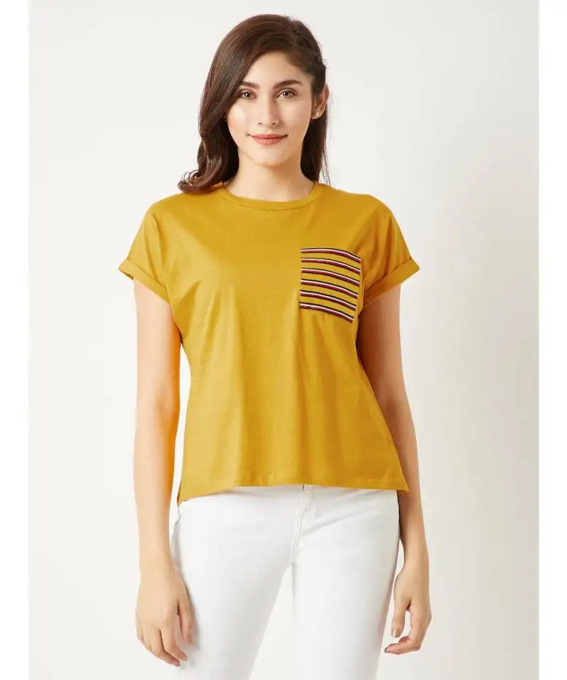 Women's mustard yellow round neck continuous shortSleeve cotton solid twill pocket t-shirt