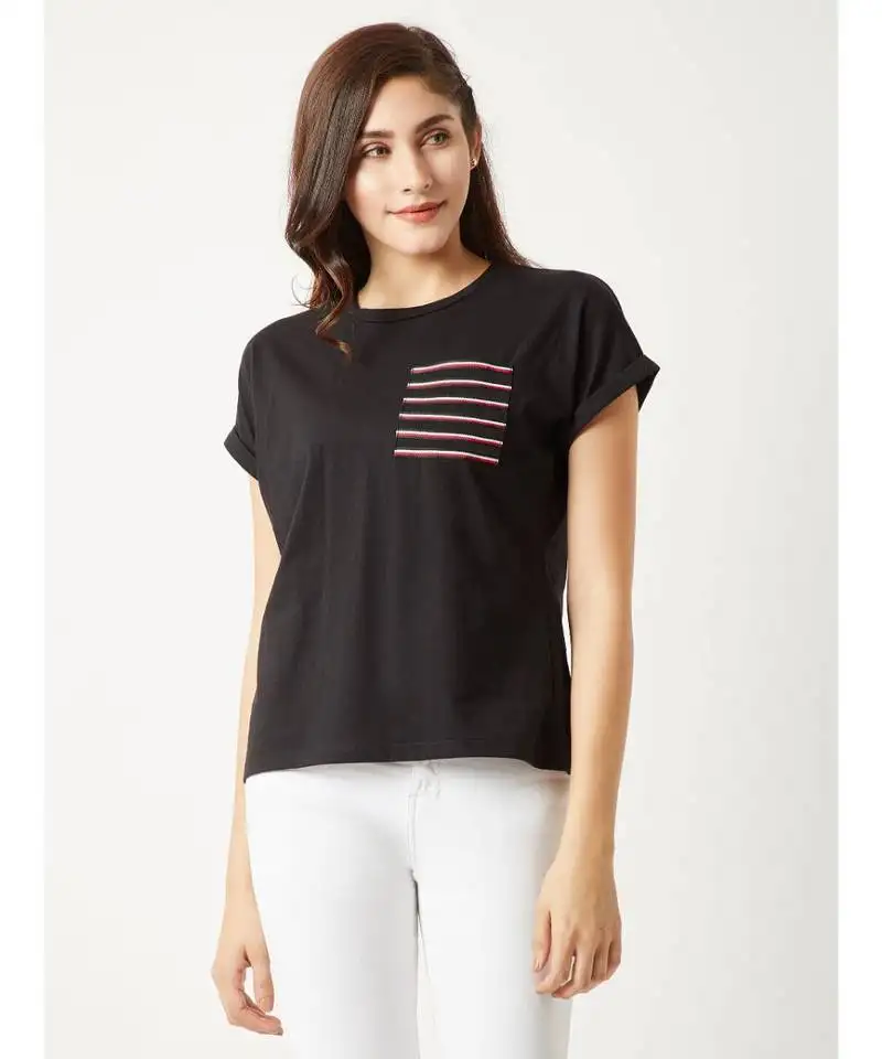 Women's black round neck continuous shortSleeve cotton solid twill pocket t-shirt