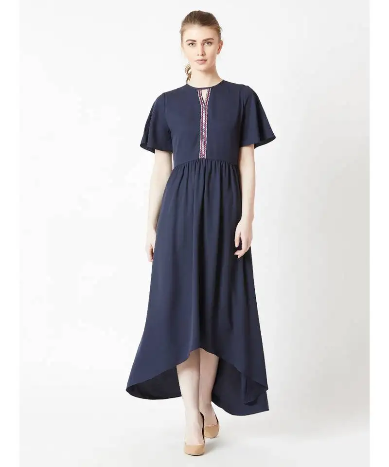 Women's navy blue round neck half sleeve solid high-low embroidered cut-out maxi dress