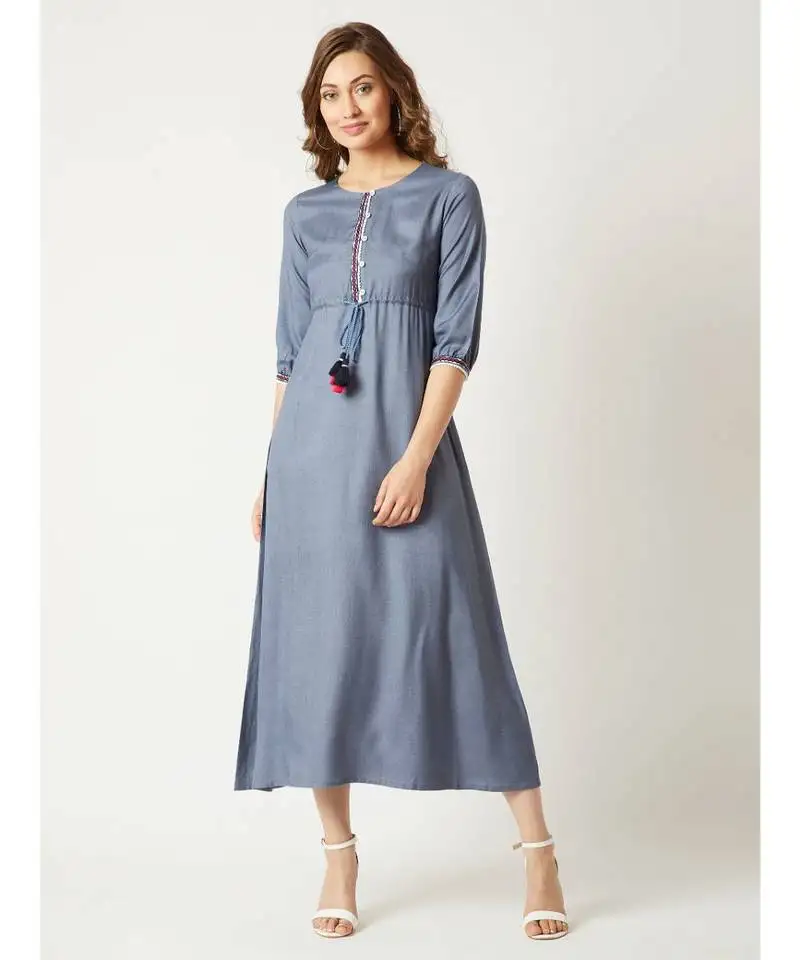 Women's steel grey round neck gathered 3::4 sleeves solid embroidered and tasseled detailing maxi dress