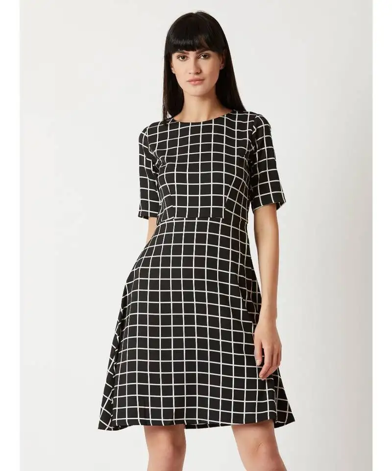 Women's multicolored with a black base round neck half sleeve checkered knee-long skater dress