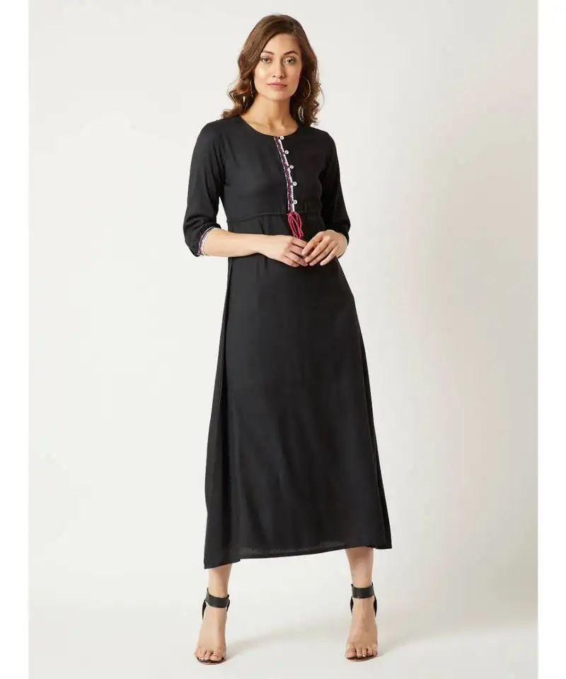 Women's black round neck gathered sleeves solid multicolored embroidered tassel detailing maxi dress