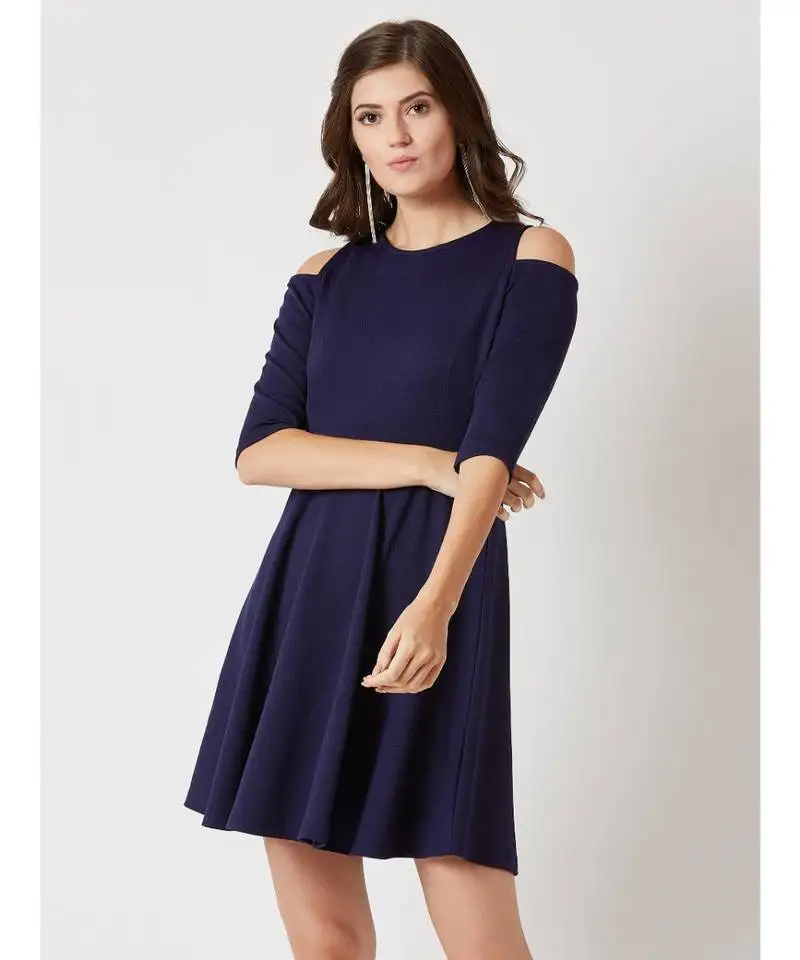 Women's navy blue round neck 3::4 sleeve solid cut-out knee-long skater dress