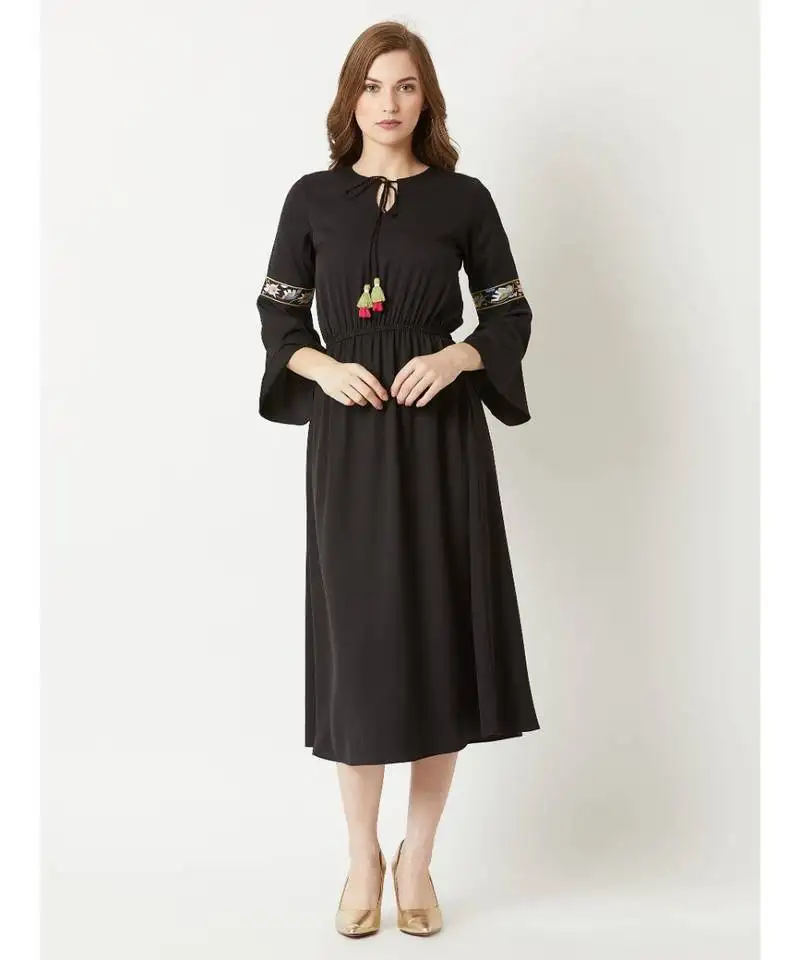 Women's black round neck 3::4 sleeve solid gathered embroidered sleeve tassel detailing midi dress