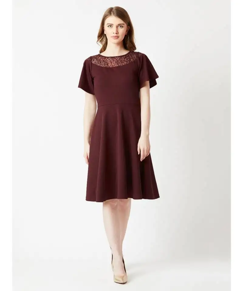 Women's wine red round neck flared short sleeve solid skater knee-long lace dress
